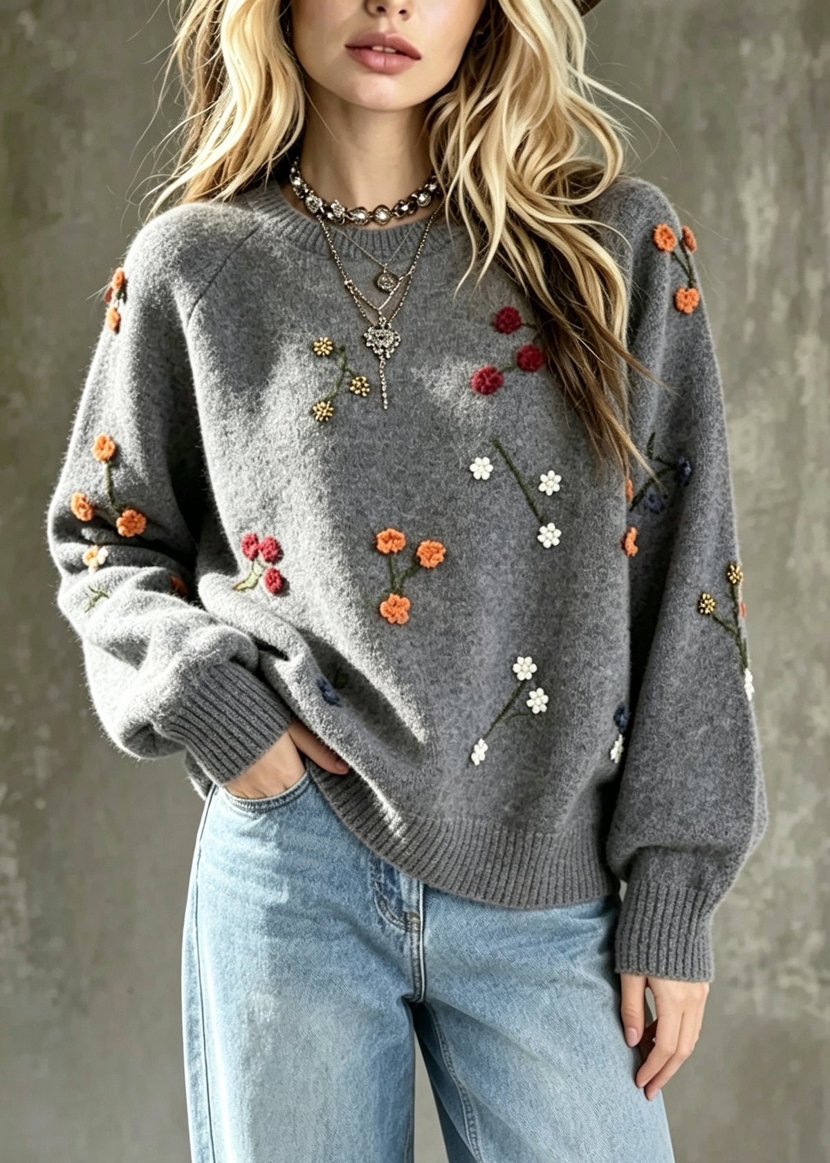 Art Grey Oversized Strawberry Thick Knit Sweater Winter