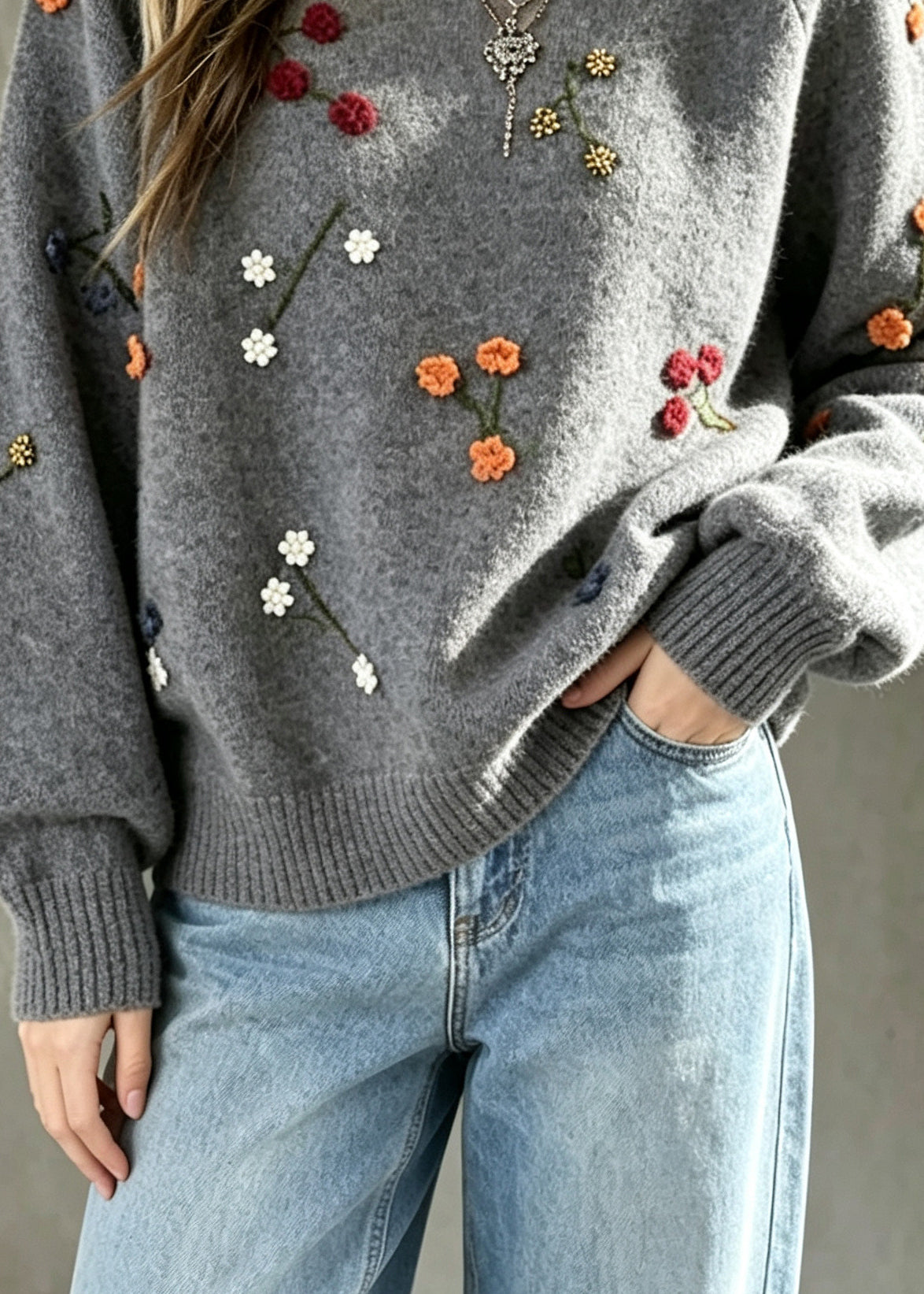 Art Grey Oversized Strawberry Thick Knit Sweater Winter