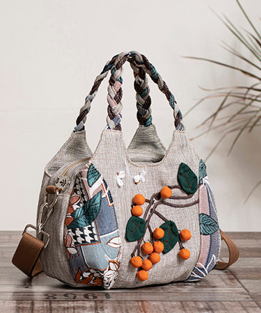 Art Grey Patchwork Fuzzy Ball Decorated Cotton Tote Handbag