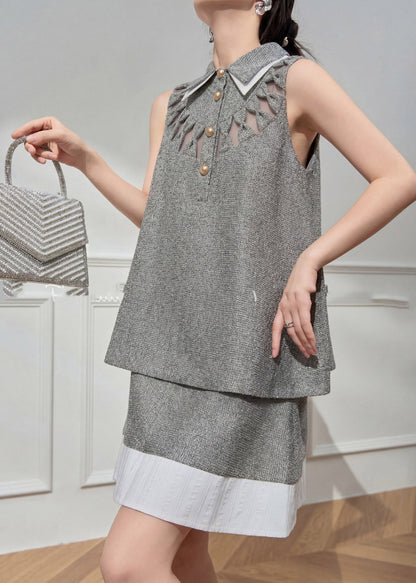 Art Grey Peter Pan Collar Hollow Out Top And Skirts Two Pieces Set Summer