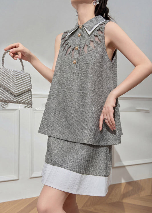 Art Grey Peter Pan Collar Hollow Out Top And Skirts Two Pieces Set Summer