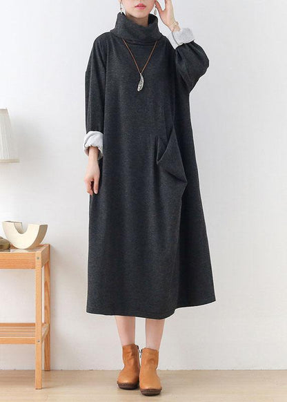 Art Grey Pockets Patchwork Fall Long Sleeve Robe Dresses - SooLinen