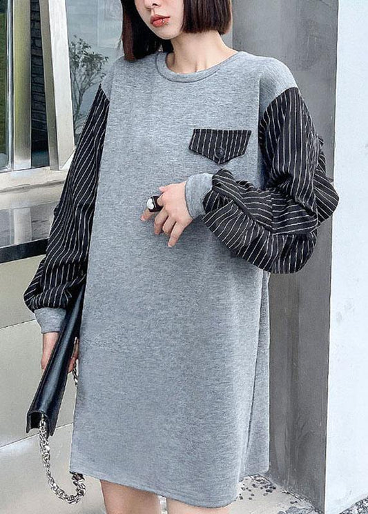 Art Grey Ruffles Patchwork Button Fall Dress Long Sleeve - SooLinen