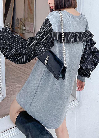Art Grey Ruffles Patchwork Button Fall Dress Long Sleeve - SooLinen
