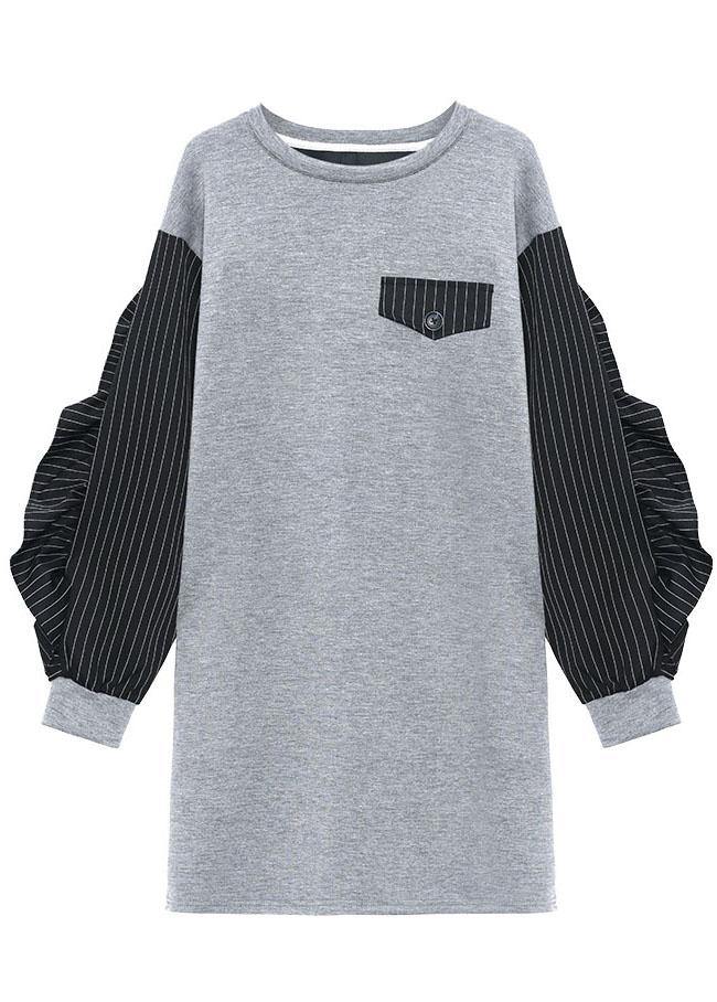 Art Grey Ruffles Patchwork Button Fall Dress Long Sleeve - SooLinen