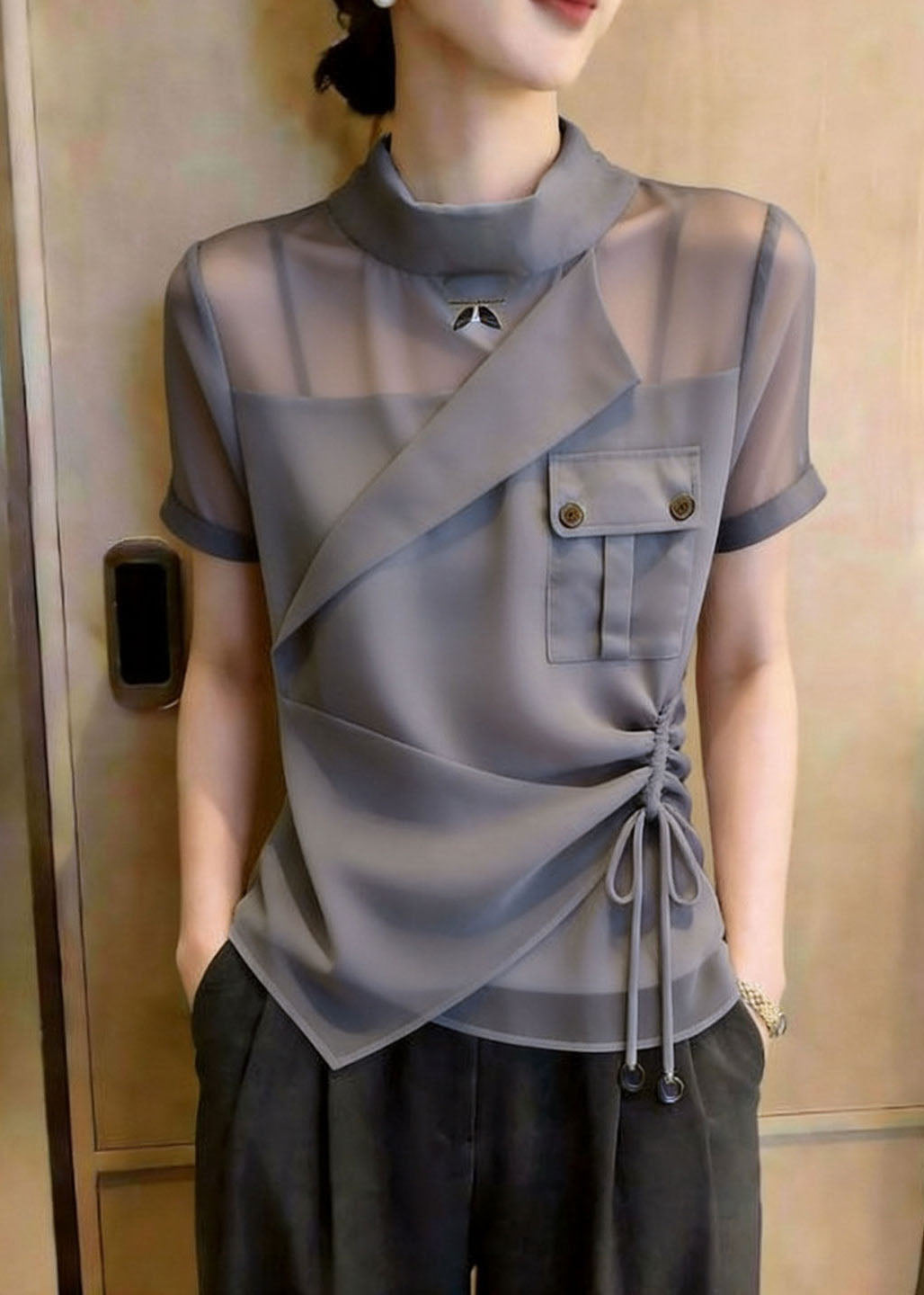 Art Grey Stand Collar Asymmetrical Design Drawstring Chiffon Shirt Top Summer