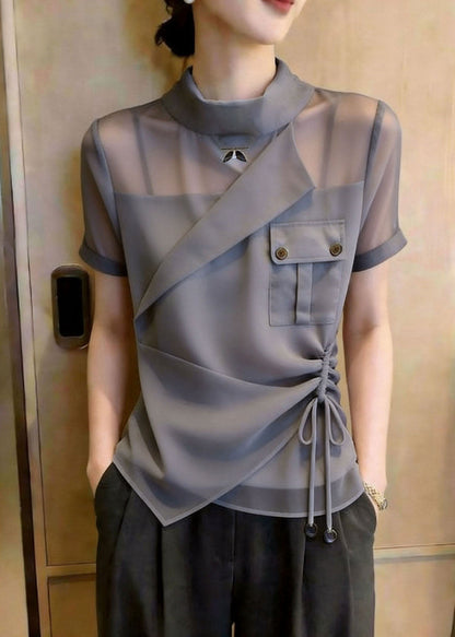 Art Grey Stand Collar Asymmetrical Design Drawstring Chiffon Shirt Top Summer
