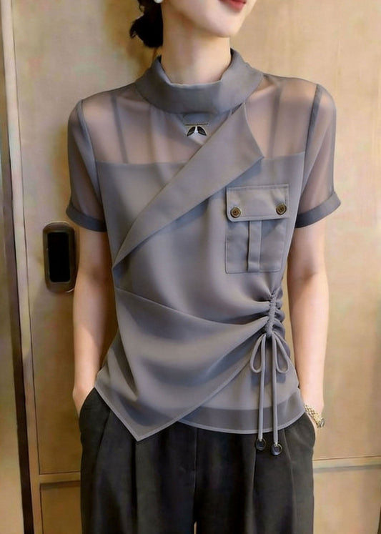 Art Grey Stand Collar Asymmetrical Design Drawstring Chiffon Shirt Top Summer