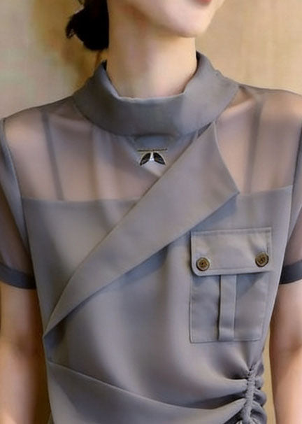 Art Grey Stand Collar Asymmetrical Design Drawstring Chiffon Shirt Top Summer