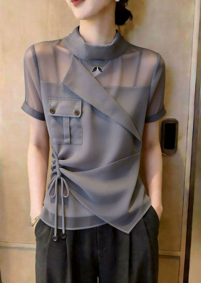 Art Grey Stand Collar Asymmetrical Design Drawstring Chiffon Shirt Top Summer