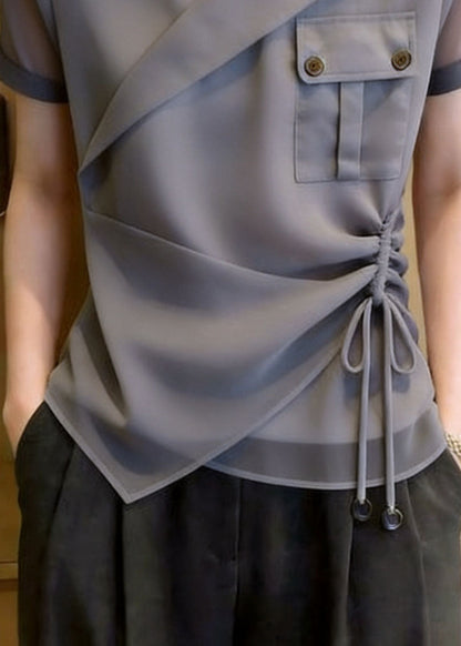 Art Grey Stand Collar Asymmetrical Design Drawstring Chiffon Shirt Top Summer