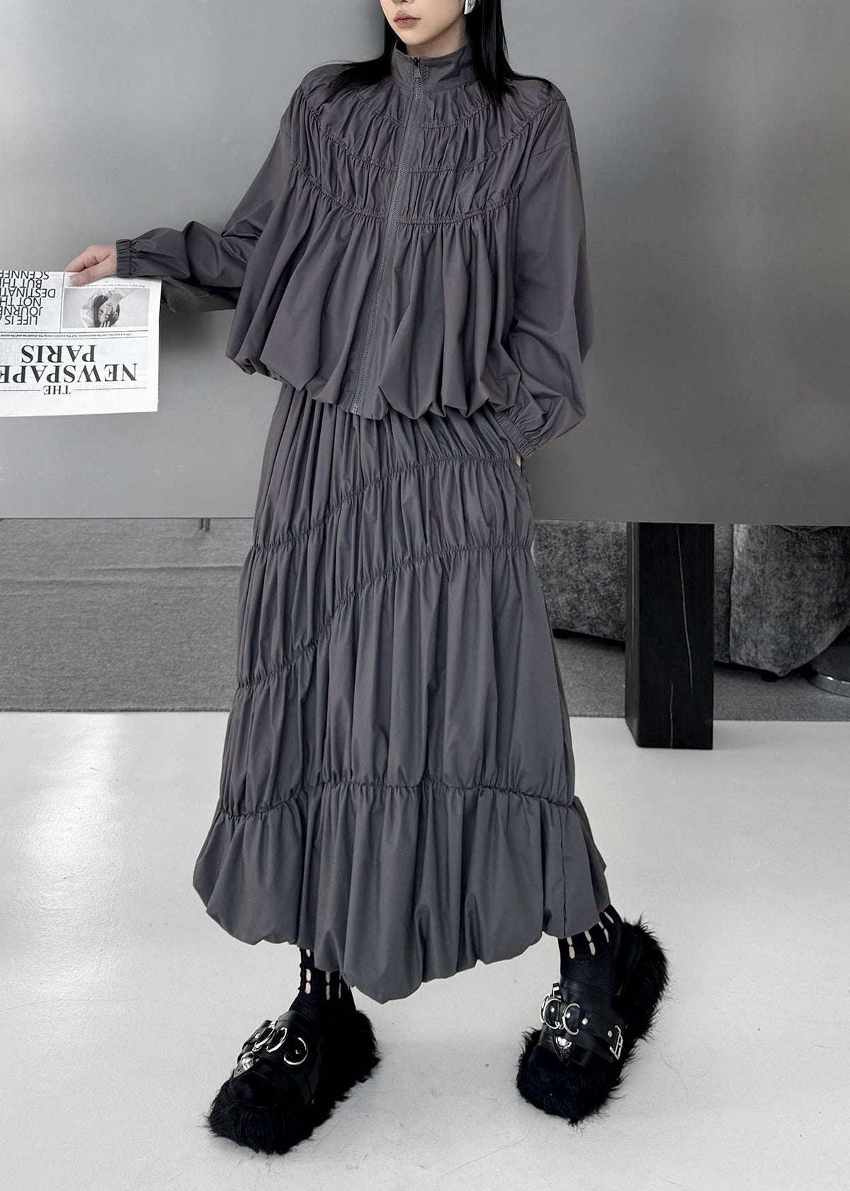 Art Grey Stand Collar Wrinkled Zippered Top And Skirts Two Pieces Set Fall