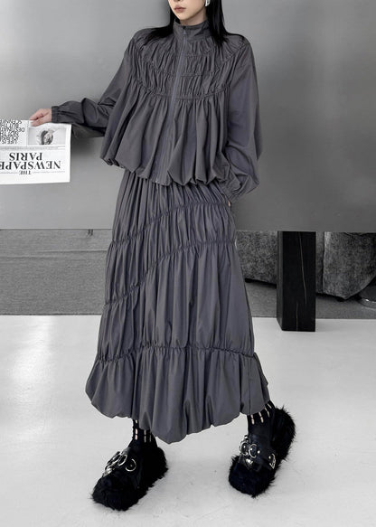 Art Grey Stand Collar Wrinkled Zippered Top And Skirts Two Pieces Set Fall