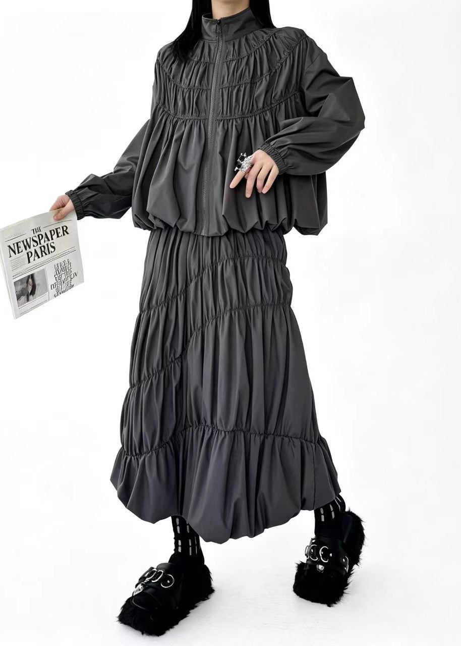 Art Grey Stand Collar Wrinkled Zippered Top And Skirts Two Pieces Set Fall