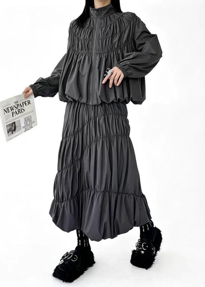 Art Grey Stand Collar Wrinkled Zippered Top And Skirts Two Pieces Set Fall