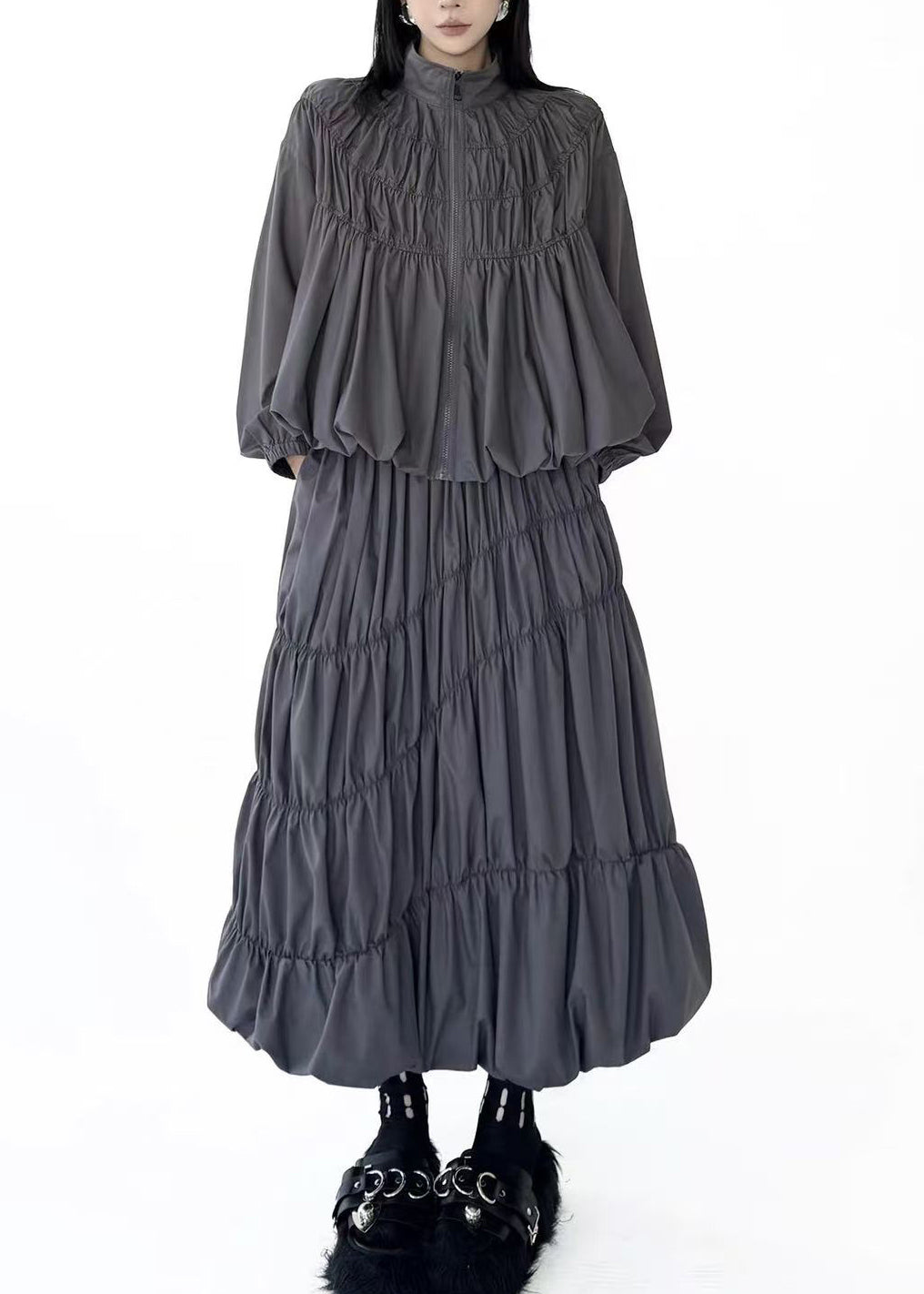Art Grey Stand Collar Wrinkled Zippered Top And Skirts Two Pieces Set Fall