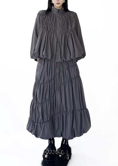 Art Grey Stand Collar Wrinkled Zippered Top And Skirts Two Pieces Set Fall