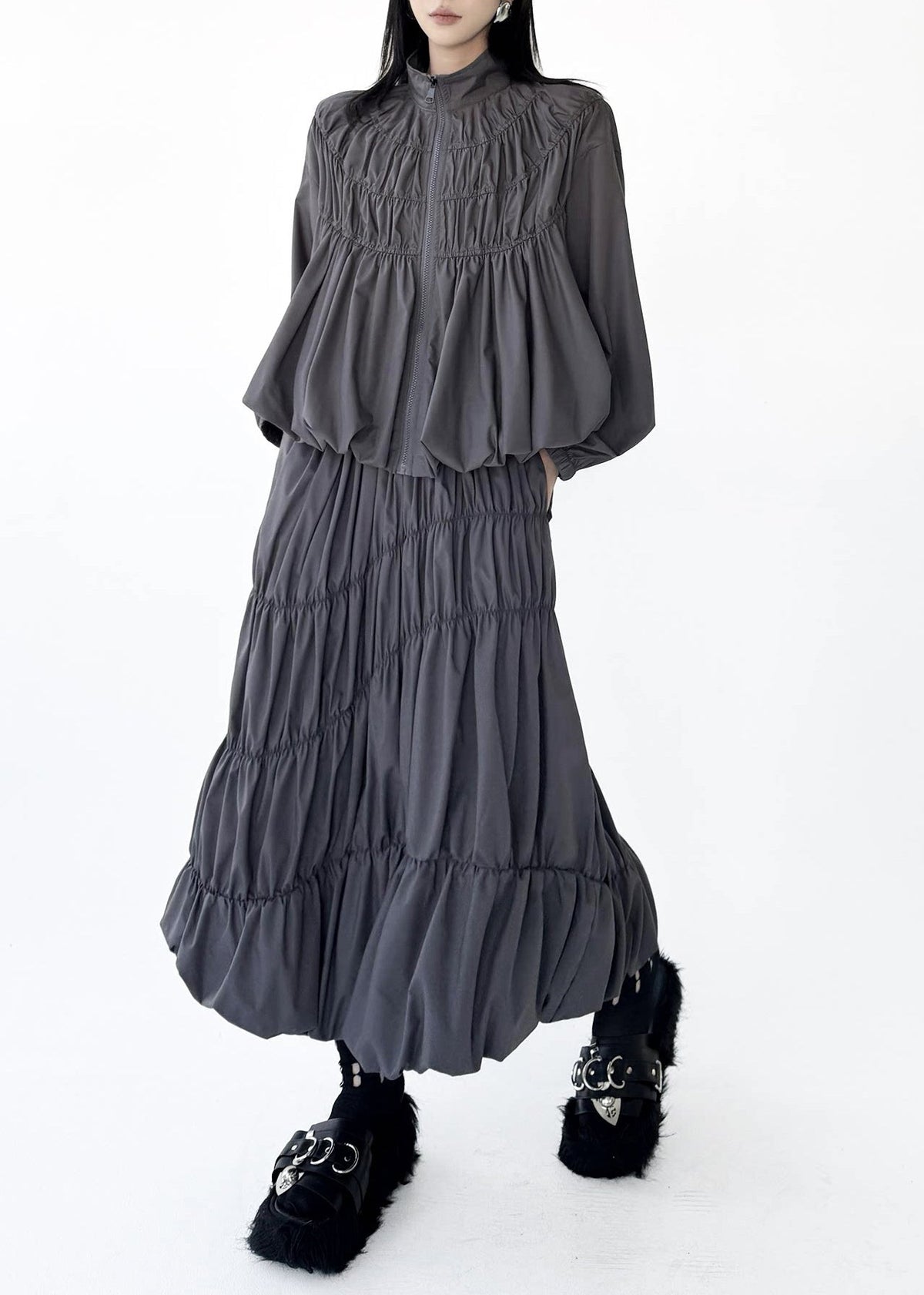 Art Grey Stand Collar Wrinkled Zippered Top And Skirts Two Pieces Set Fall