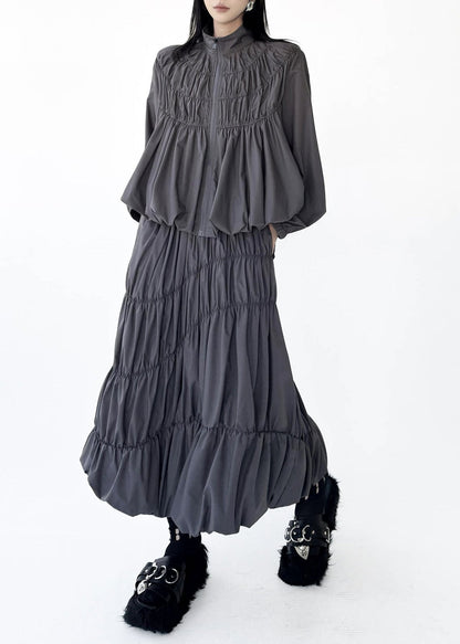 Art Grey Stand Collar Wrinkled Zippered Top And Skirts Two Pieces Set Fall