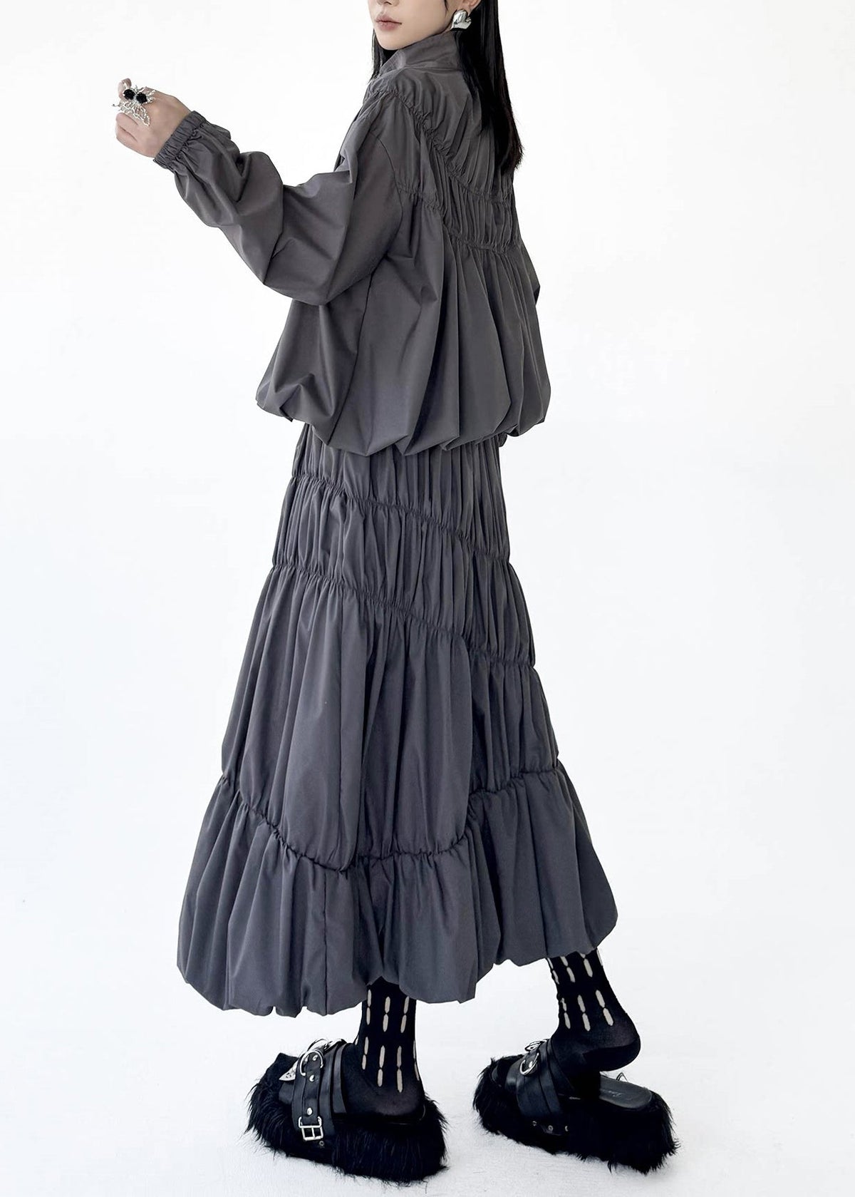 Art Grey Stand Collar Wrinkled Zippered Top And Skirts Two Pieces Set Fall