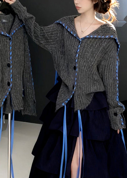 Art Grey Thick Patchwork Button Cozy Cotton Knit Cardigans Fall