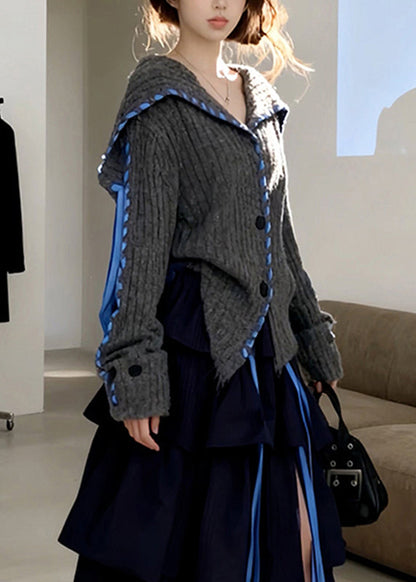 Art Grey Thick Patchwork Button Cozy Cotton Knit Cardigans Fall