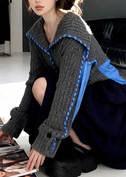 Art Grey Thick Patchwork Button Cozy Cotton Knit Cardigans Fall