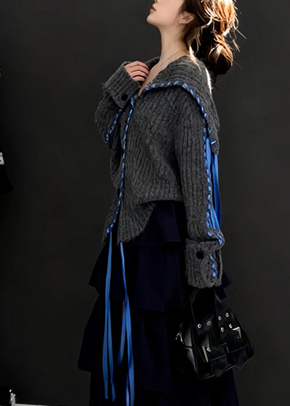 Art Grey Thick Patchwork Button Cozy Cotton Knit Cardigans Fall