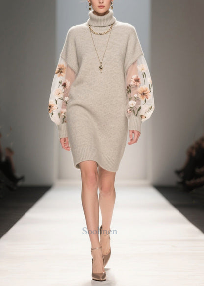 Art Grey Turtle Neck Patchwork Tulle Long Sweater Fall