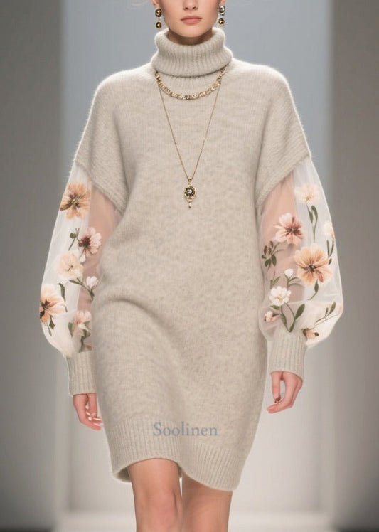 Art Grey Turtle Neck Patchwork Tulle Long Sweater Fall