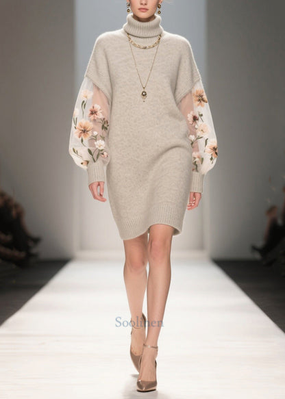 Art Grey Turtle Neck Patchwork Tulle Long Sweater Fall