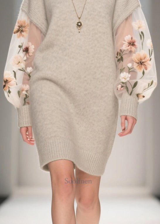 Art Grey Turtle Neck Patchwork Tulle Long Sweater Fall