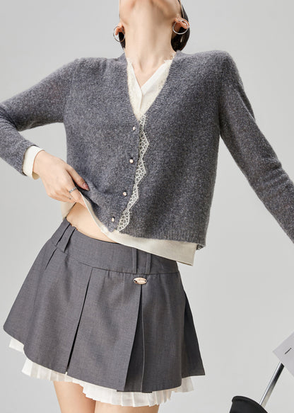 Art Grey V Neck Lace Patchwork False Two Pieces Knit Sweater Fall