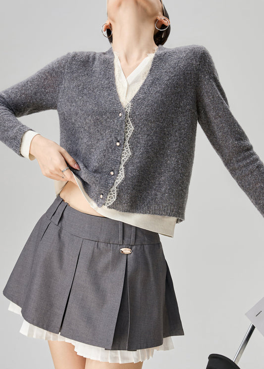 Art Grey V Neck Lace Patchwork False Two Pieces Knit Sweater Fall