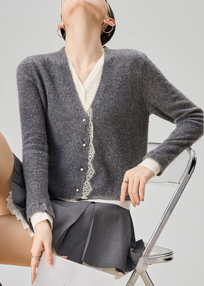 Art Grey V Neck Lace Patchwork False Two Pieces Knit Sweater Fall