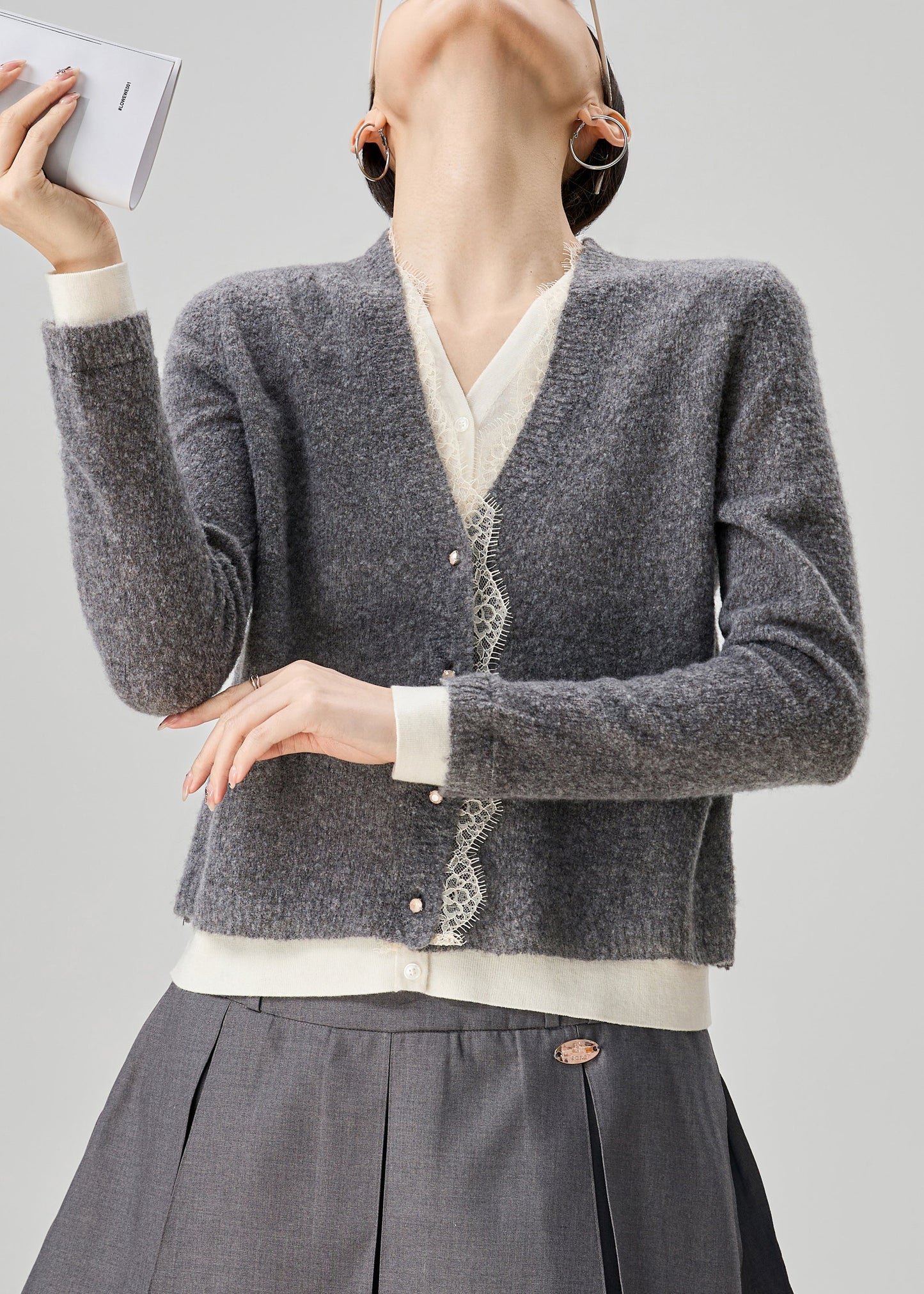 Art Grey V Neck Lace Patchwork False Two Pieces Knit Sweater Fall