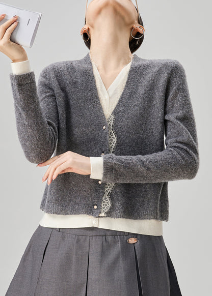 Art Grey V Neck Lace Patchwork False Two Pieces Knit Sweater Fall