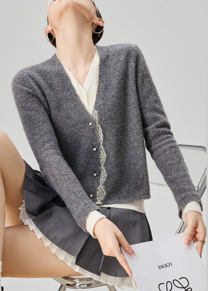 Art Grey V Neck Lace Patchwork False Two Pieces Knit Sweater Fall