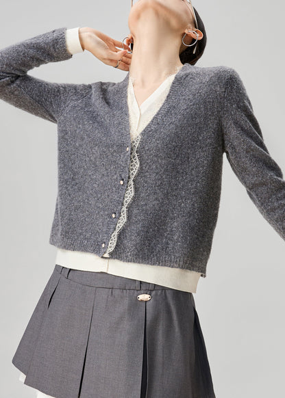 Art Grey V Neck Lace Patchwork False Two Pieces Knit Sweater Fall