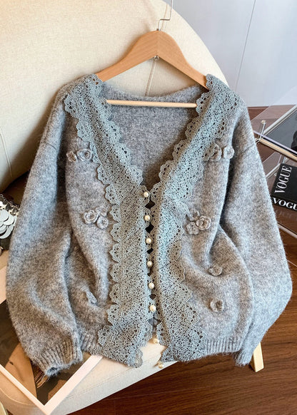 Art Grey V Neck Lace Patchwork Knit Coats Winter