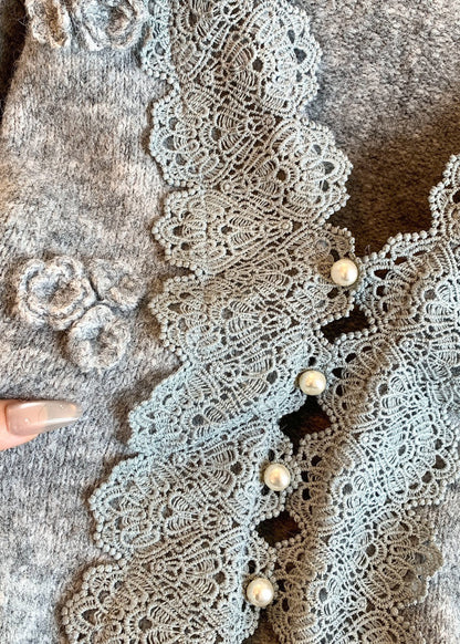 Art Grey V Neck Lace Patchwork Knit Coats Winter