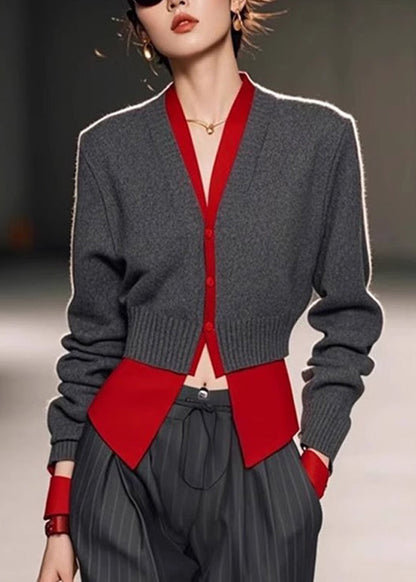 Art Grey V Neck Patchwork False Knit Two Pieces Sweater Spring