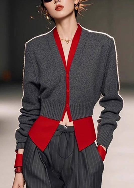 Art Grey V Neck Patchwork False Knit Two Pieces Sweater Spring