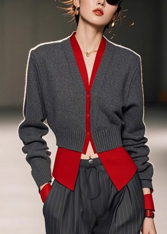 Art Grey V Neck Patchwork False Knit Two Pieces Sweater Spring