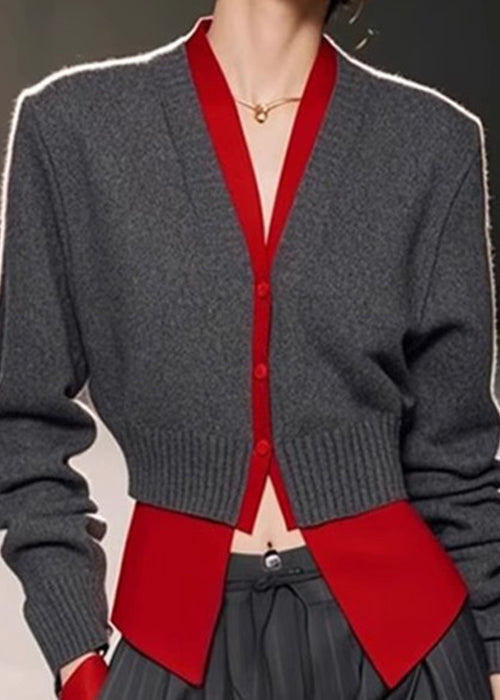 Art Grey V Neck Patchwork False Knit Two Pieces Sweater Spring