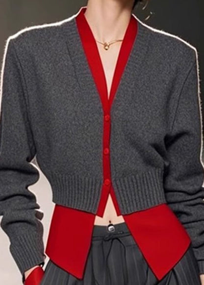 Art Grey V Neck Patchwork False Knit Two Pieces Sweater Spring