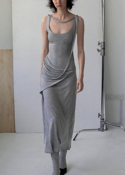 Art Grey Wrinkled Solid Cotton Spaghetti Strap Dress Sleeveless