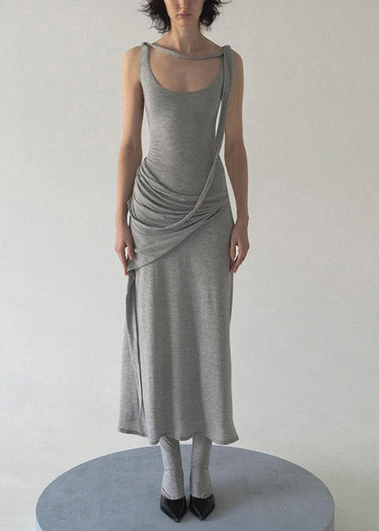 Art Grey Wrinkled Solid Cotton Spaghetti Strap Dress Sleeveless