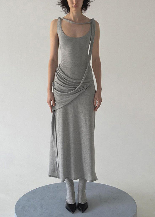 Art Grey Wrinkled Solid Cotton Spaghetti Strap Dress Sleeveless