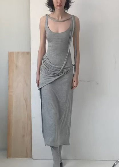Art Grey Wrinkled Solid Cotton Spaghetti Strap Dress Sleeveless
